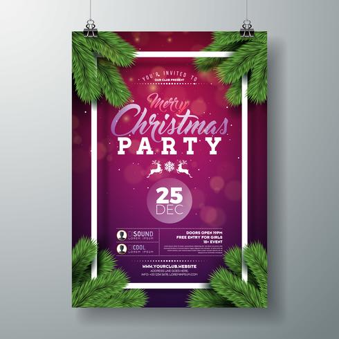 Progettazione dell&#39;aletta di filatoio della festa di Natale di vettore con gli elementi di tipografia di festa ed il ramo del pino su Violet Background.