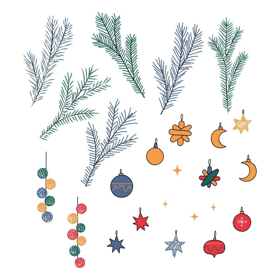 Natale cartoline con carino scarabocchio elementi. semplice natale clipart per il il tuo disegni. vacanza decorazioni elementi. vettore