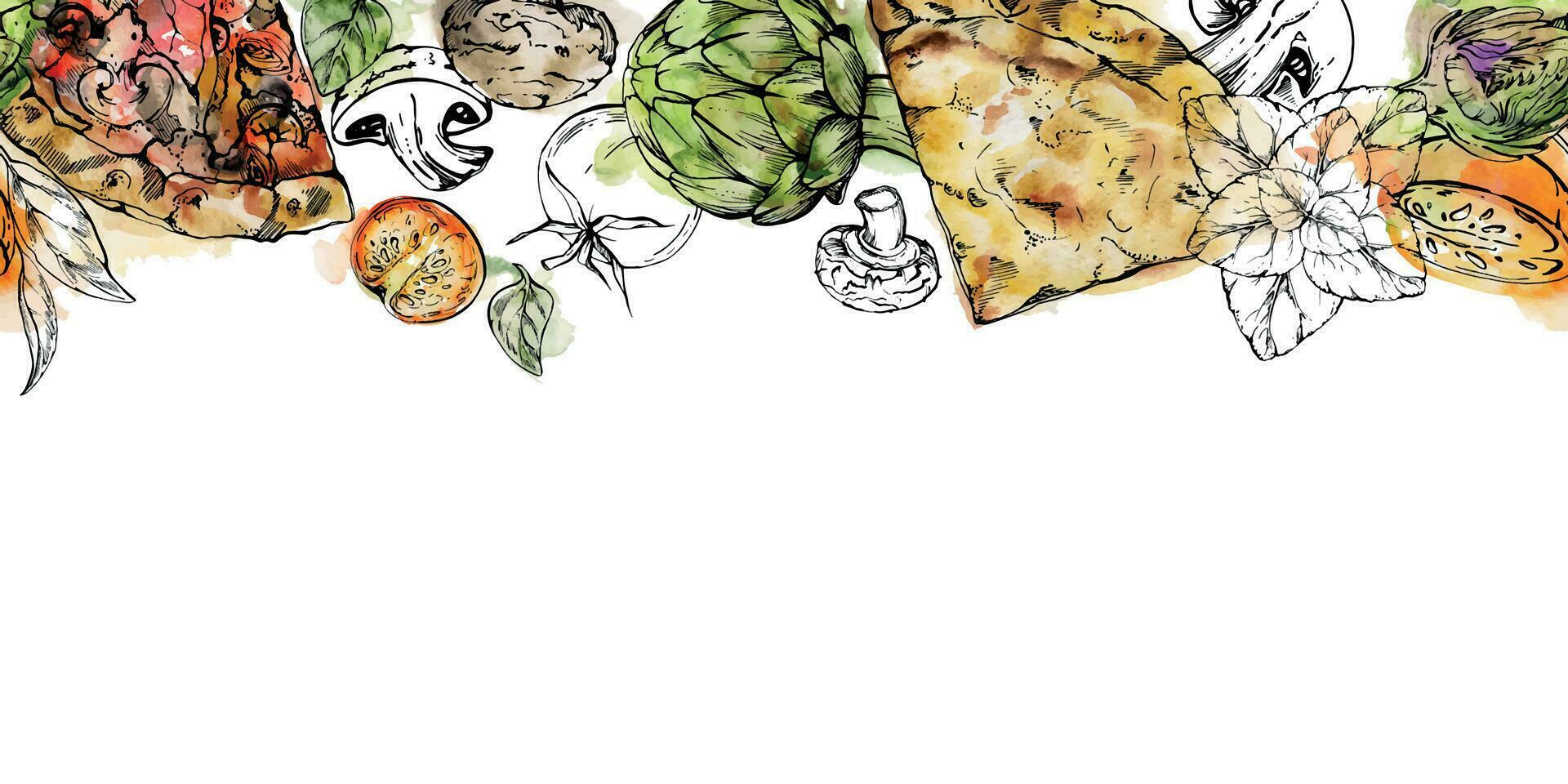 mano disegnato acquerello inchiostro illustrazione. Pizza fette e condimenti ingredienti, italiano cucina. senza soluzione di continuità confine isolato su bianca. design per ristorante, menù, bar, cibo negozio o pacchetto, aviatore Stampa. vettore