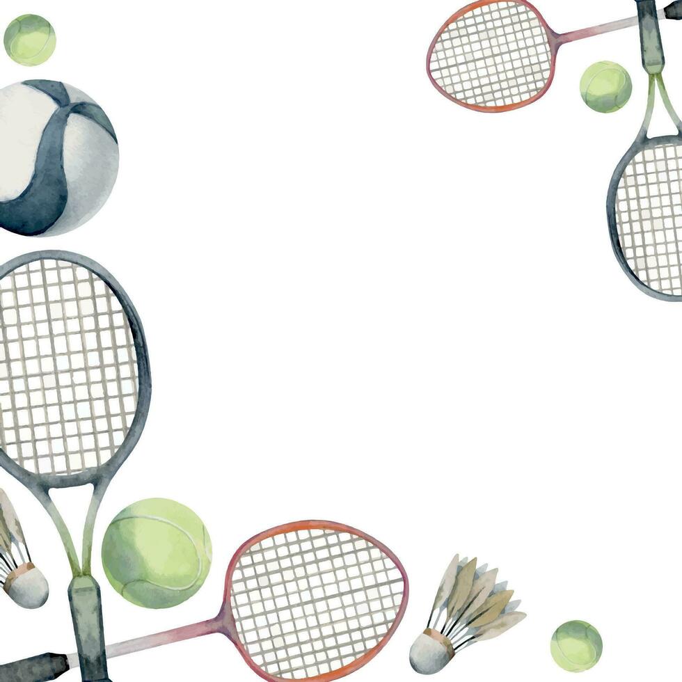 mano disegnato acquerello gli sport Ingranaggio attrezzatura, tennis badminton sfera, racchetta, Salute fitness stile di vita. illustrazione isolato confine telaio su bianca sfondo. design manifesto, Stampa, sito web, carta, negozio vettore