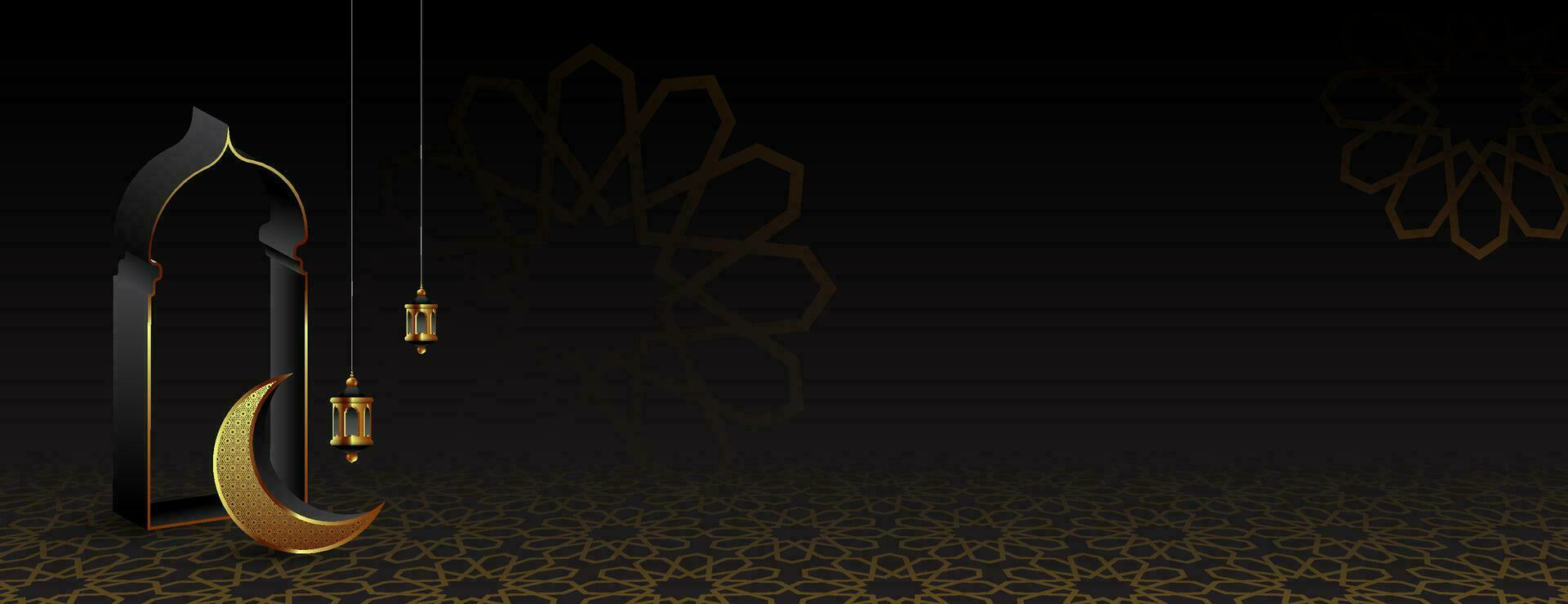 oro e nero islamico sfondo con mezzaluna, cancello e lanterna. vettore illustrazione