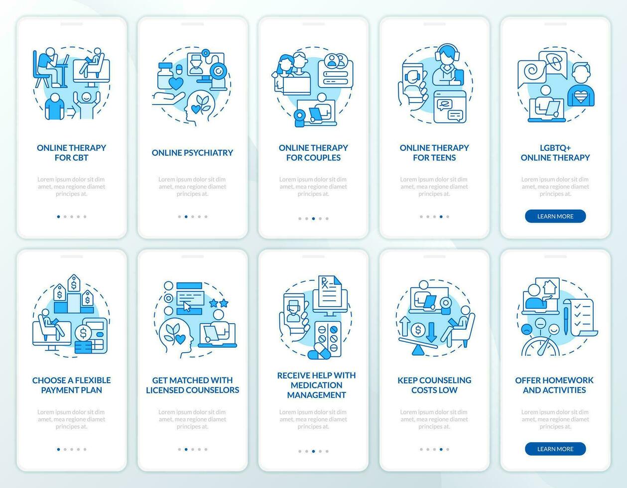 2d icone che rappresentano in linea terapia mobile App schermo impostare. Procedura dettagliata 5 passaggi blu grafico Istruzioni con magro linea icone concetto, ui, ux, gui modello. vettore