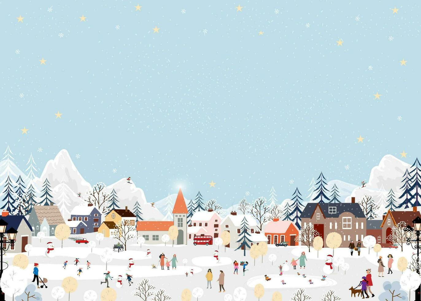 Natale sfondo, inverno villaggio paesaggio persone festeggiare su natale, nuovo anno 2024 città notte cielo con neve persone giocando ghiaccio pattinare nel il parco, vettore natale bandiera inverno Paese delle meraviglie
