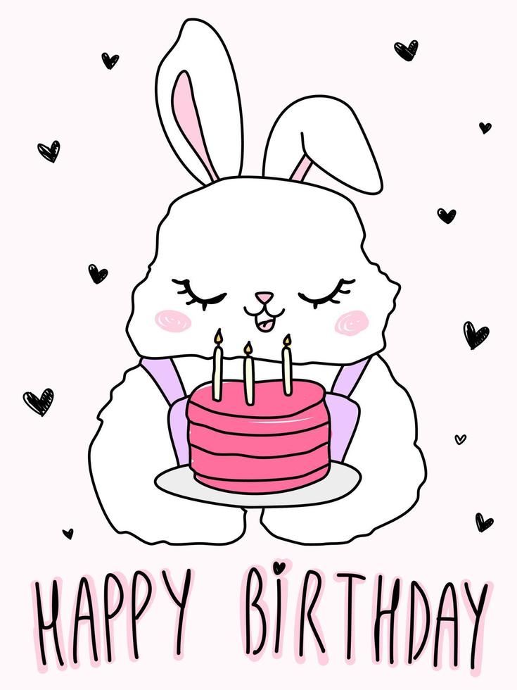 coniglio simpatico cartone animato. testo di coniglietto di buon compleanno. illustrazione animale di doodle con torta per il bambino. vettore