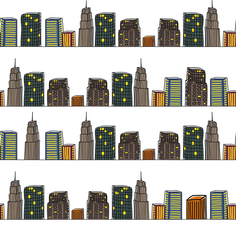 contorno della linea di sagoma di un modello di grande città. sfondo bianco doodle set illustrazione casa. vettore