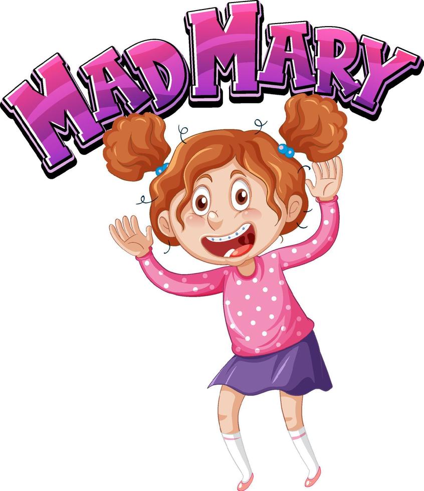 mad mary logo design del testo con un personaggio dei cartoni animati di una ragazza vettore