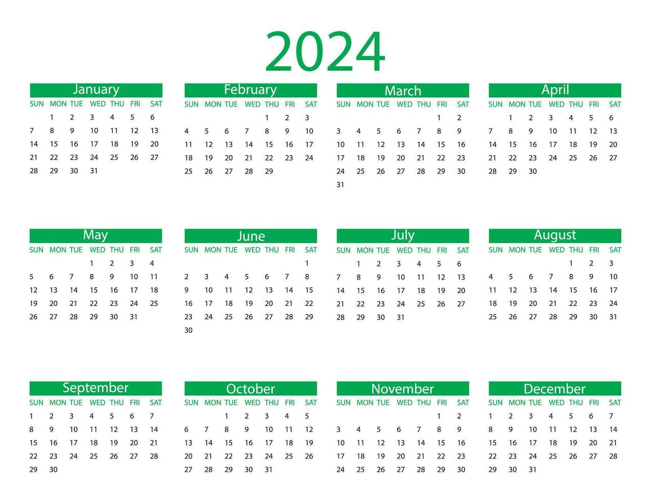 calendario 2024 anno. vettore illustrazione. il settimana inizia su domenica.