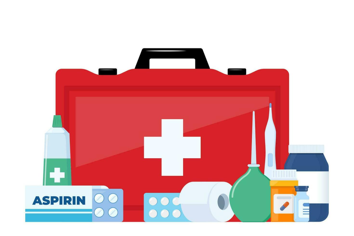 primo aiuto kit per ambulanza emergenza, veicolo, ufficio, viaggio. medico Aiuto Oggetti. intonaci, pillole, bendare, aspirina, termometro. elementi per medico infografica. vettore illustrazione.