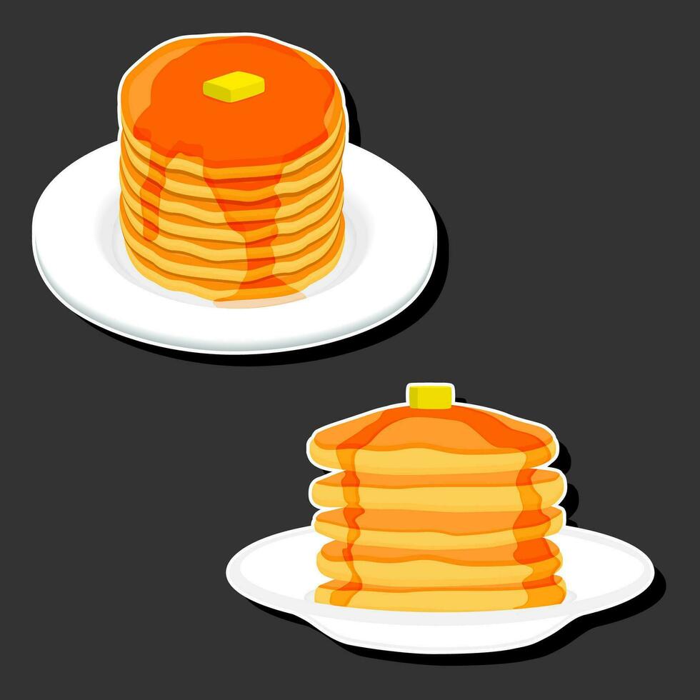 illustrazione su tema fresco dolce gustoso pancake di consistente vario ingredienti vettore
