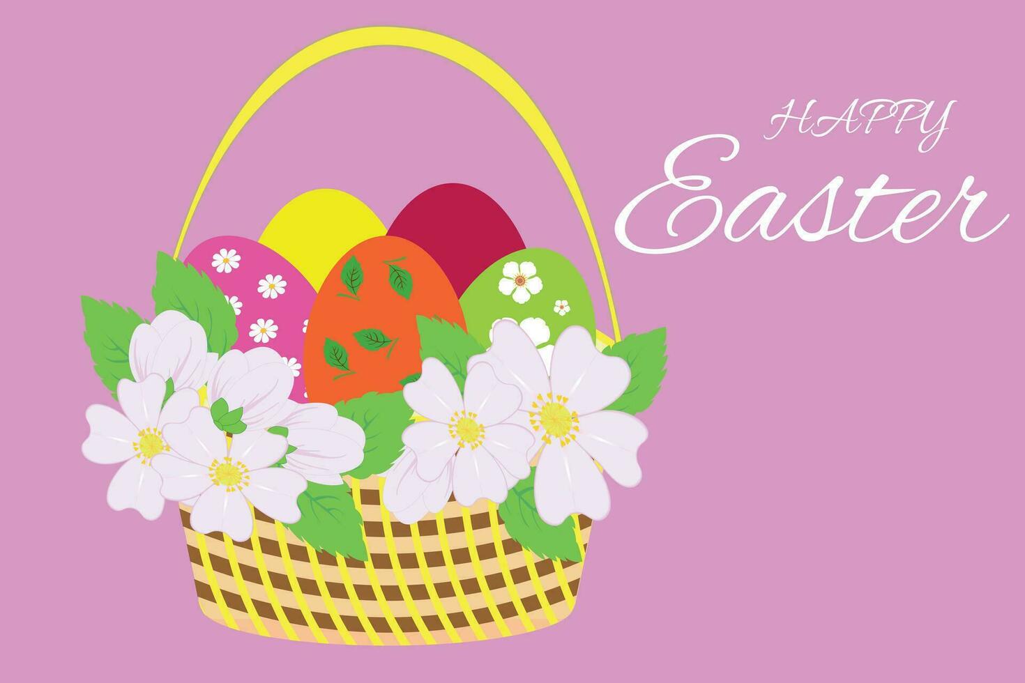 Pasqua cestino con colorato uova e delicato Mela albero fiori, un' congratulazioni manifesto per il Pasqua vacanza. adatto per striscione, invito, carte e manifesti. vettore illustrazione.
