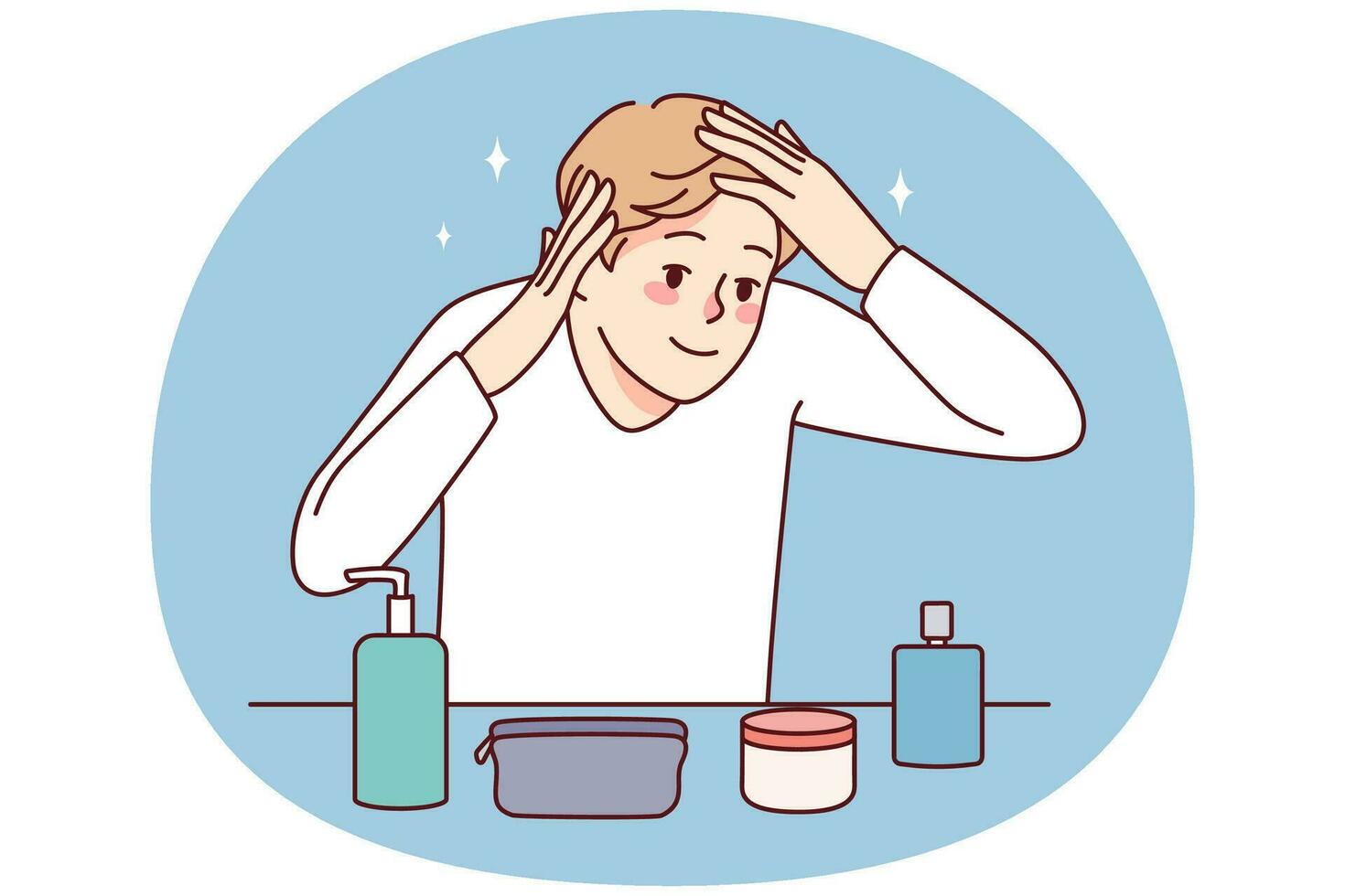 giovane uomo guardare nel specchio prendere cura di viso e capelli. maschio metrosexual fare bellezza mattina routine. cosmetologia e igiene. vettore illustrazione.