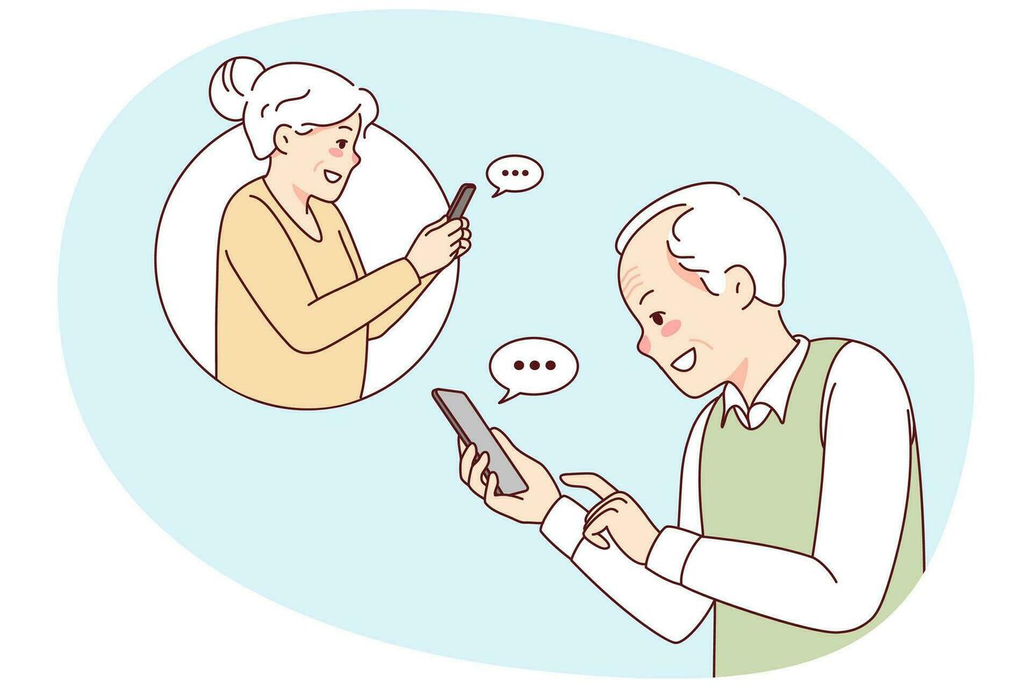 contento moderno nonni testo in linea su telefono cellulare. sorridente maturo uomo e donna Spedire messaggi su Internet su mobile Telefono. nuovo tecnologia. vettore illustrazione.