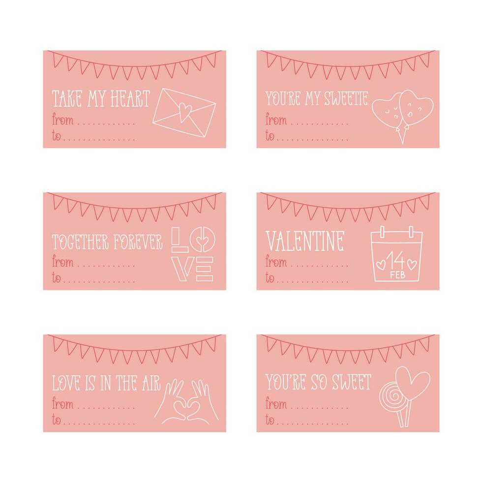 san valentino giorno stampabile regalo tag modello nel scarabocchio stile, disegnato a mano amore tema icone e citazioni. romantico umore, carino simboli e elementi collezione. vettore