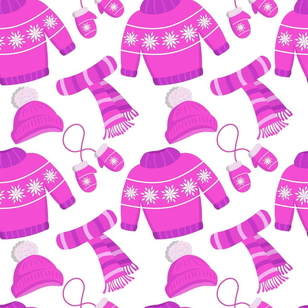 vettore modello con inverno Abiti. figli di caldo inverno Abiti per a passeggio. a maglia cappello, sciarpa, guanti con jacquard modello e pom pom. vettore impostato di rosa colore.