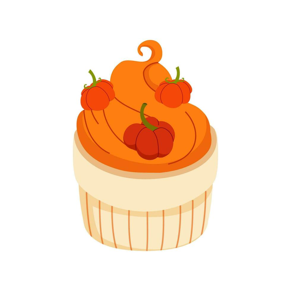 zucca festivo Cupcake decorato con mini zucca. dolce come regalo per il tuo amato uno. dolce pasticcini per ricetta libro. Natale e vacanza dolce torta per striscione, menù. vettore piatto illustrazione.