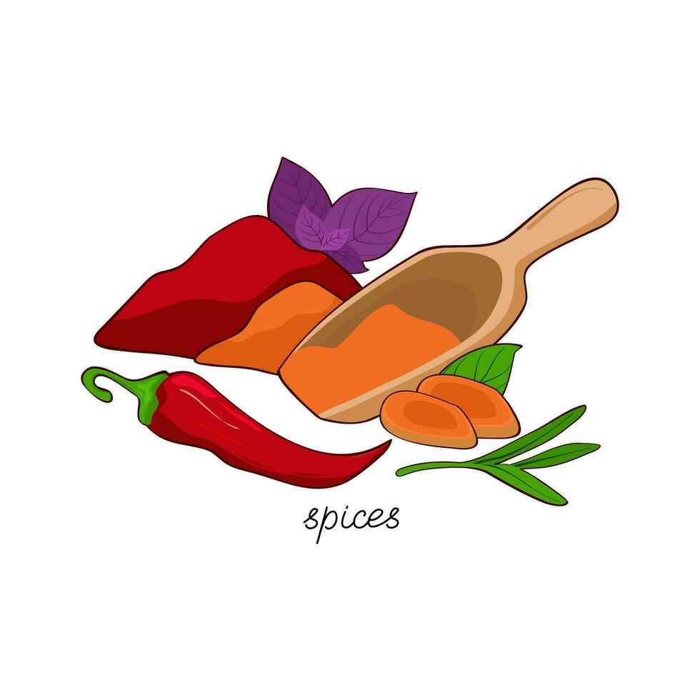 spezie su bianca sfondo. mano disegnato vettore illustrazione per culinario progetti, menu, confezione. curcuma, basilico, Pepe