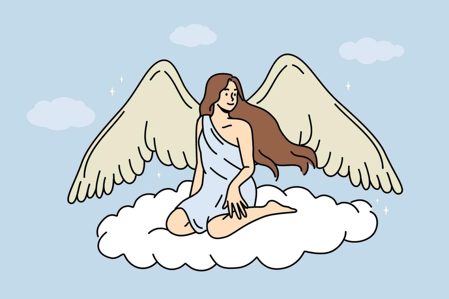 donna angelo con grande Ali si siede su volante nube nel Paradiso, simboleggiante innocenza e purezza vettore