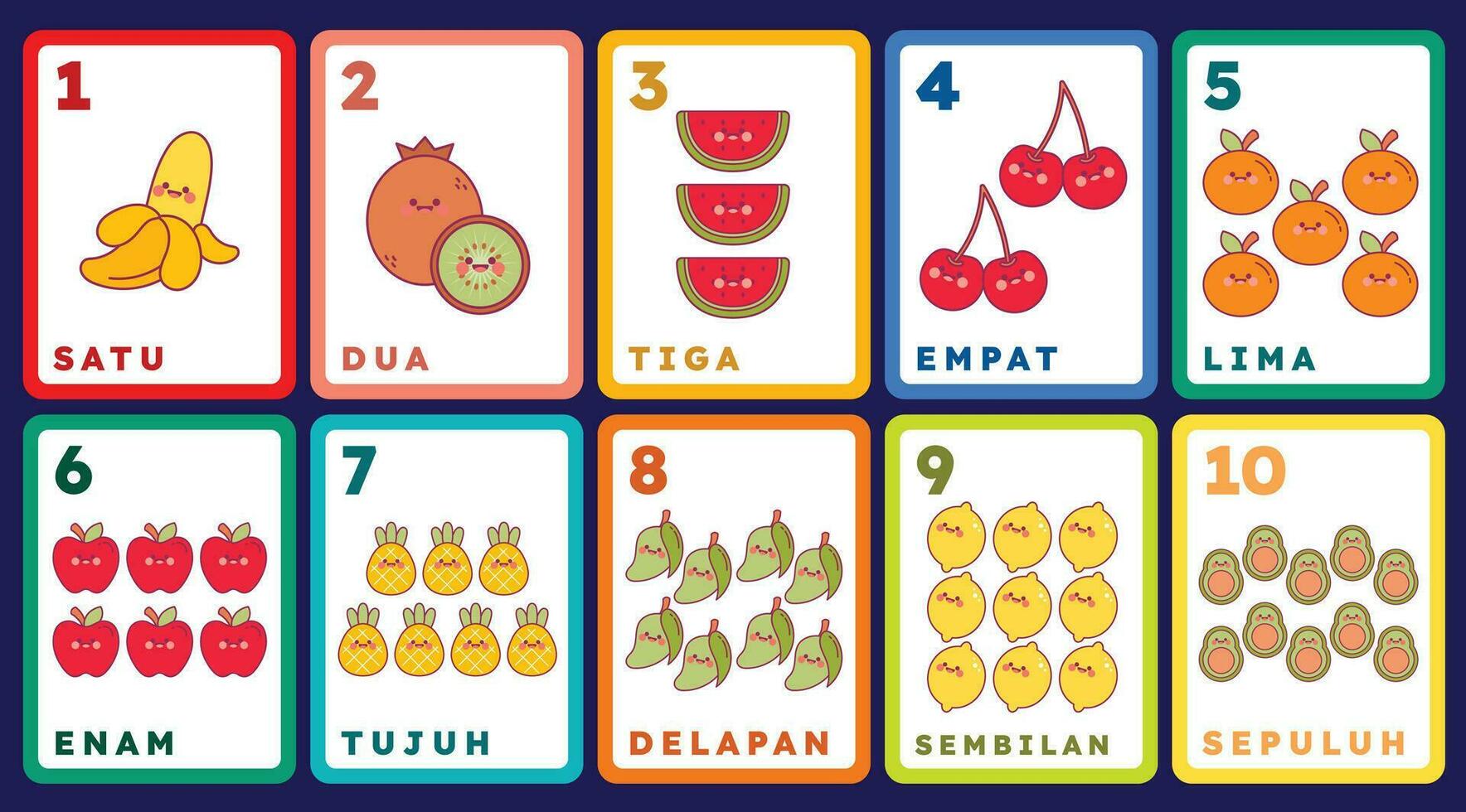 piatto design vettore indonesiano numero flashcard formazione scolastica stampabile per bambini attività