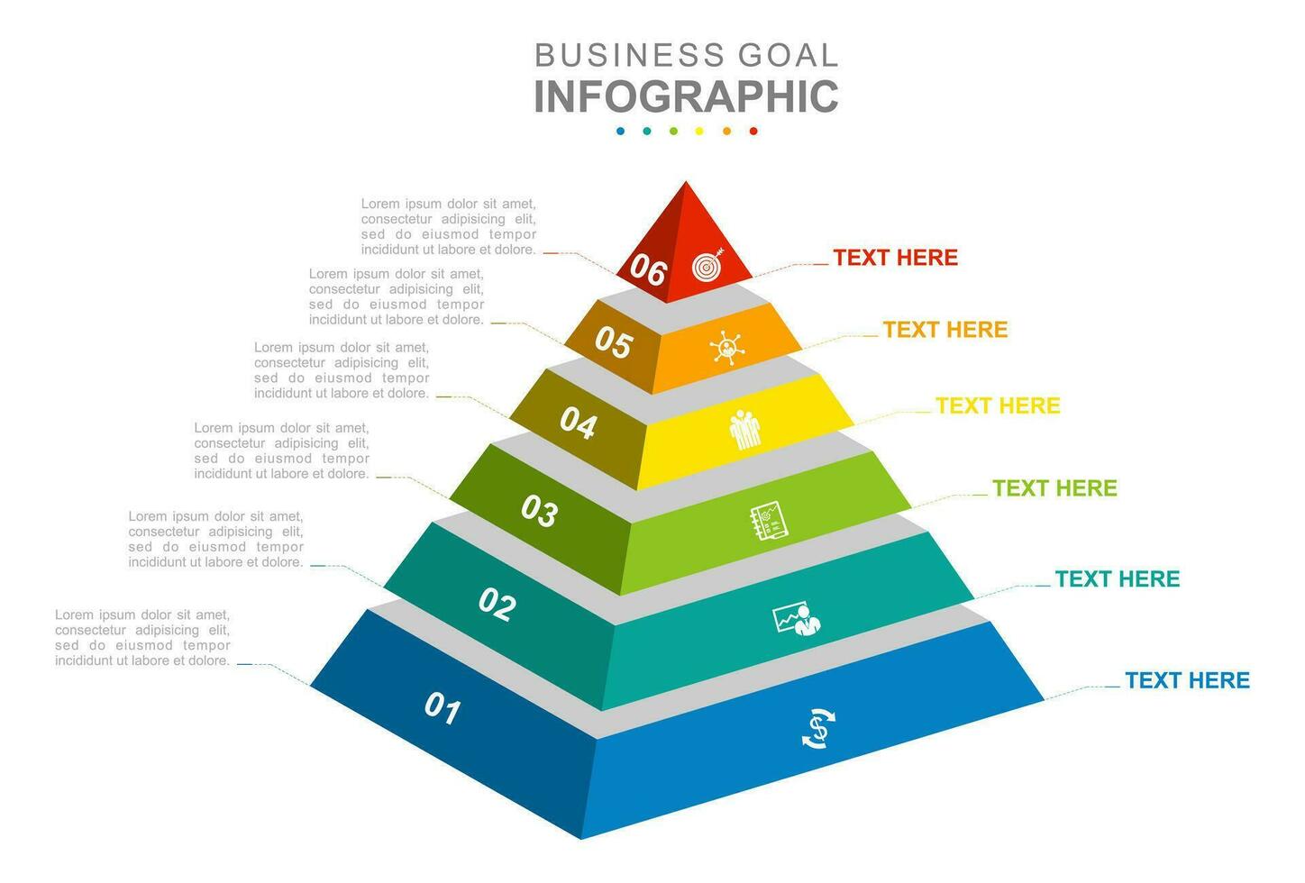 Infografica attività commerciale modello. 6 passaggi mappa mentale piramide diagramma con icona temi. concetto presentazione. vettore