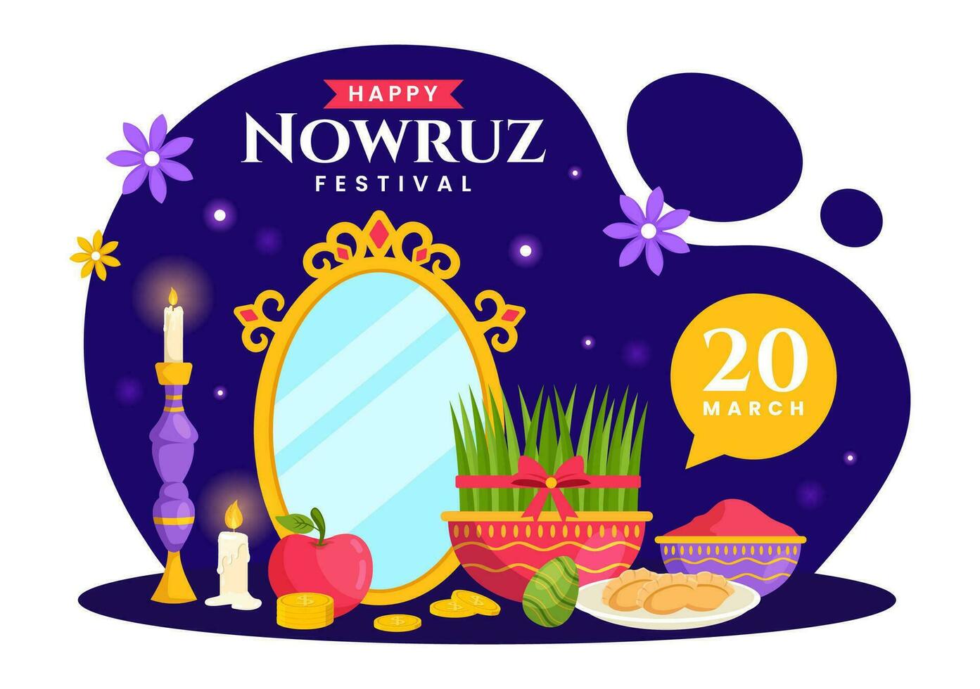 contento Nowruz giorno vettore illustrazione. traduzione persiano nuovo anno, su 20 marzo con bicchiere, pesce, ornamenti uova e erba semeni nel piatto sfondo