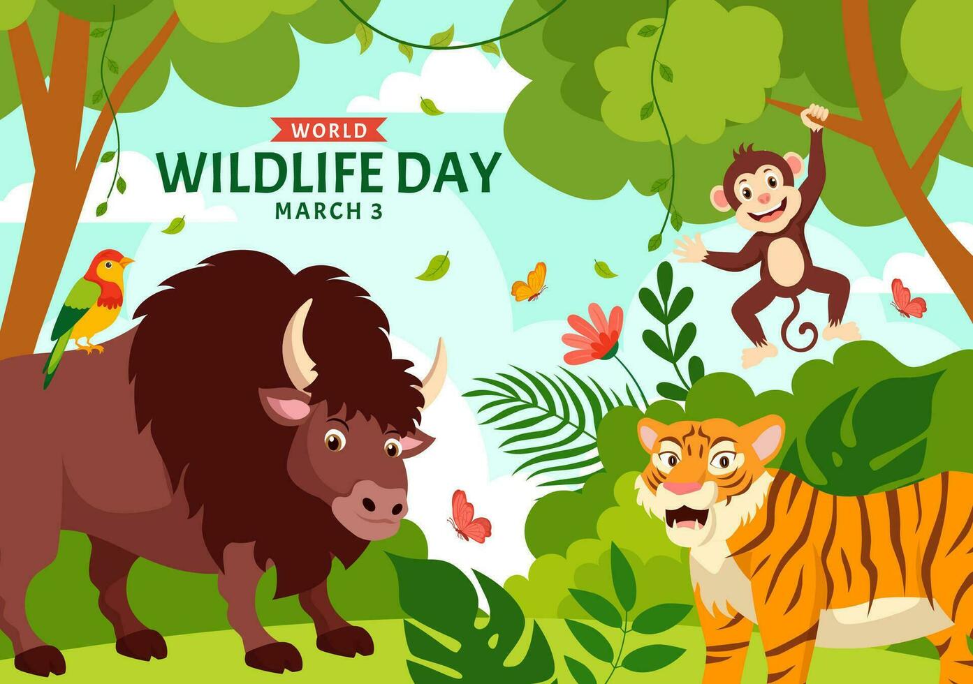 mondo natura giorno vettore illustrazione su marzo 3 con vario un' animali per protezione animale e conserva loro habitat nel foresta nel piatto sfondo