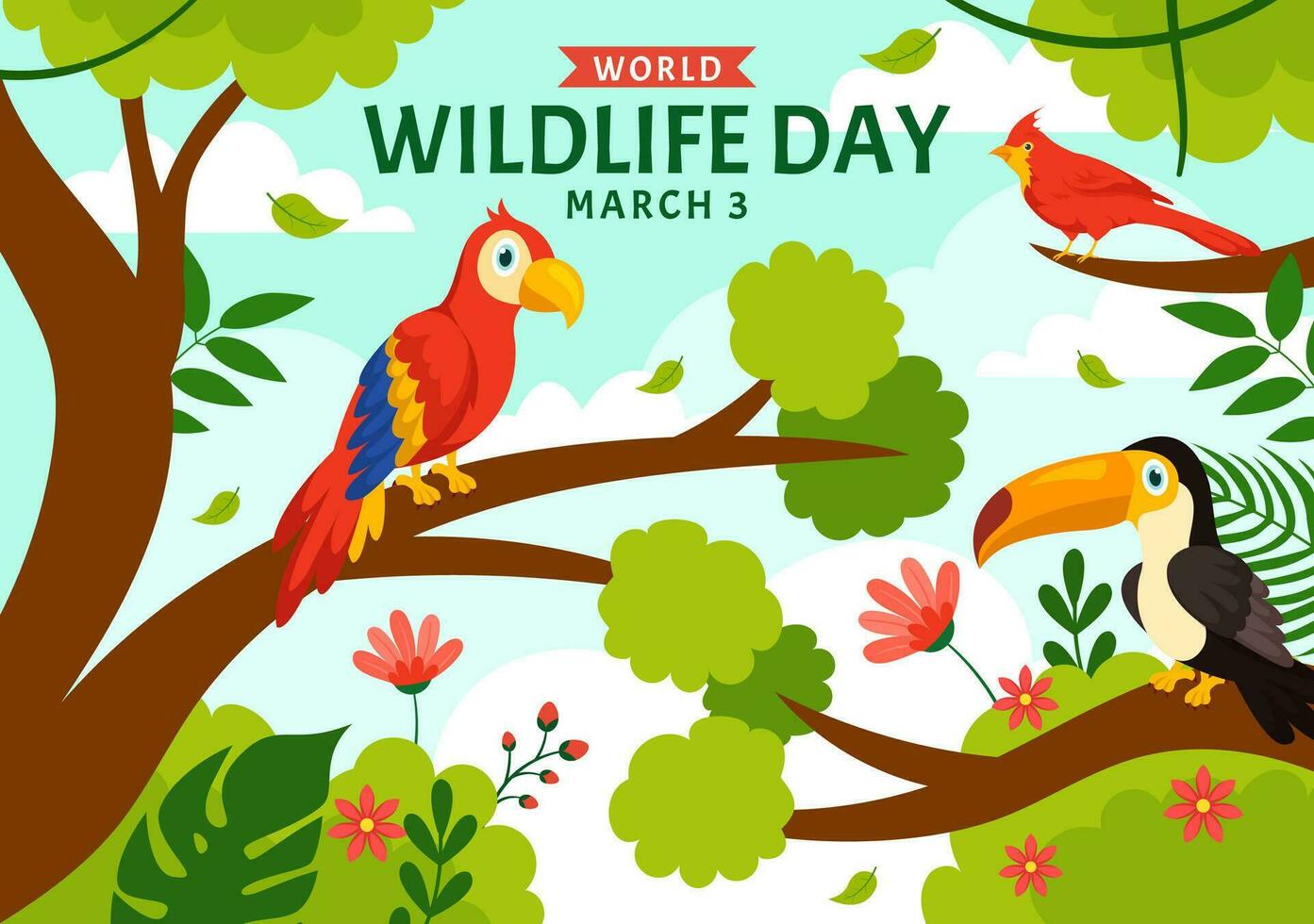 mondo natura giorno vettore illustrazione su marzo 3 con vario un' animali per protezione animale e conserva loro habitat nel foresta nel piatto sfondo