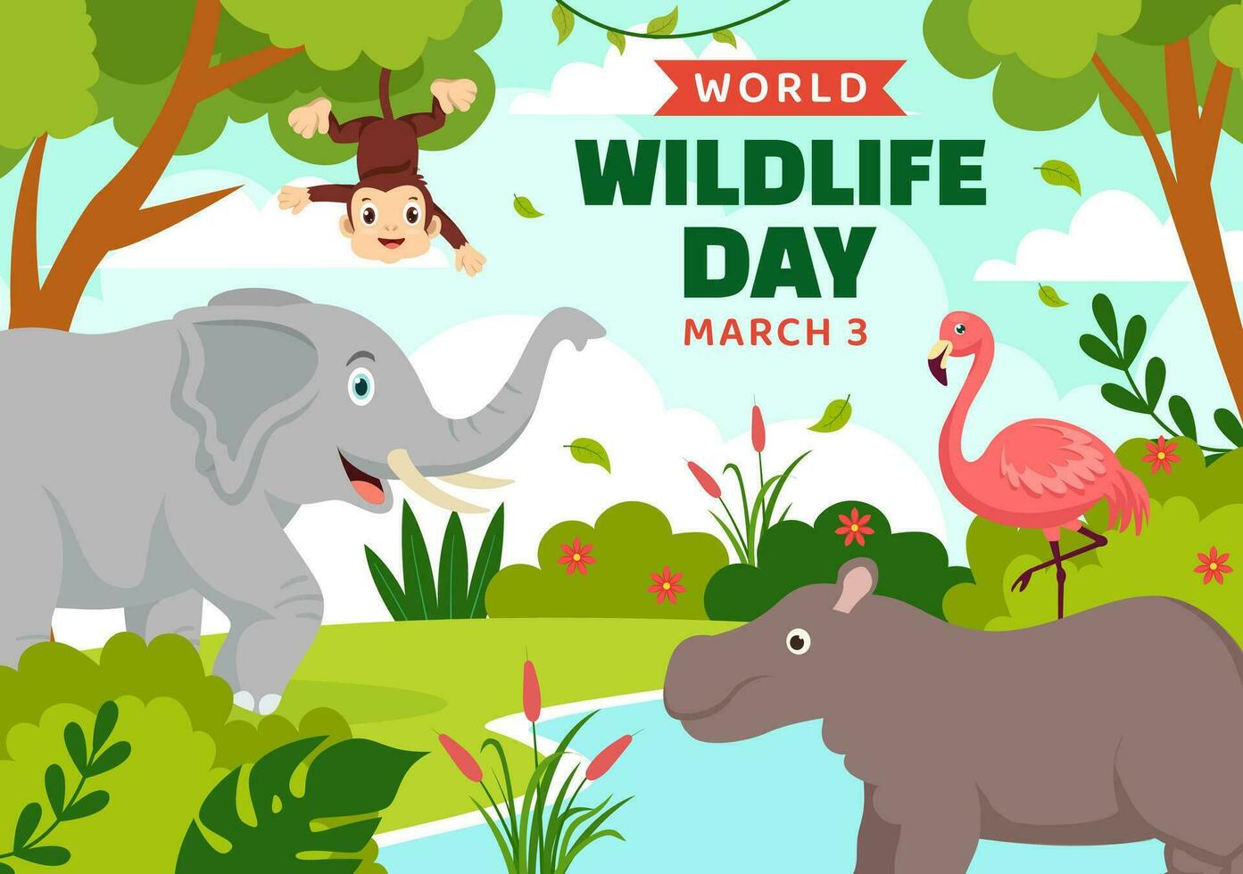 mondo natura giorno vettore illustrazione su marzo 3 con vario un' animali per protezione animale e conserva loro habitat nel foresta nel piatto sfondo