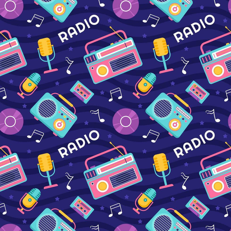 Radio senza soluzione di continuità modello illustrazione design con giocatore per disco e ascoltando per musica nel piatto cartone animato modello vettore