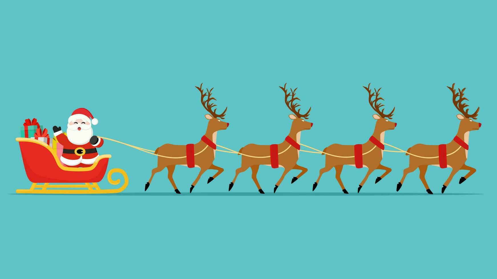 Santa Claus volante nel slitta con i regali e renna. Natale e nuovo anno celebrazione vettore