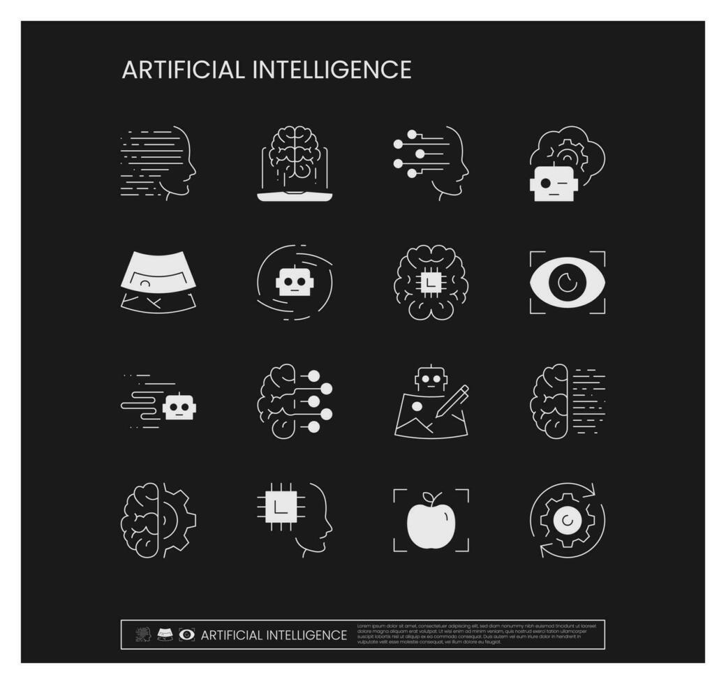 impostato di artificiale intelligenza relazionato icone, macchina apprendimento, inteligente robotica, pensiero macchina, umanoide robot, viso riconoscimento, ai tecnologia possibilità e lineare varietà vettori. vettore