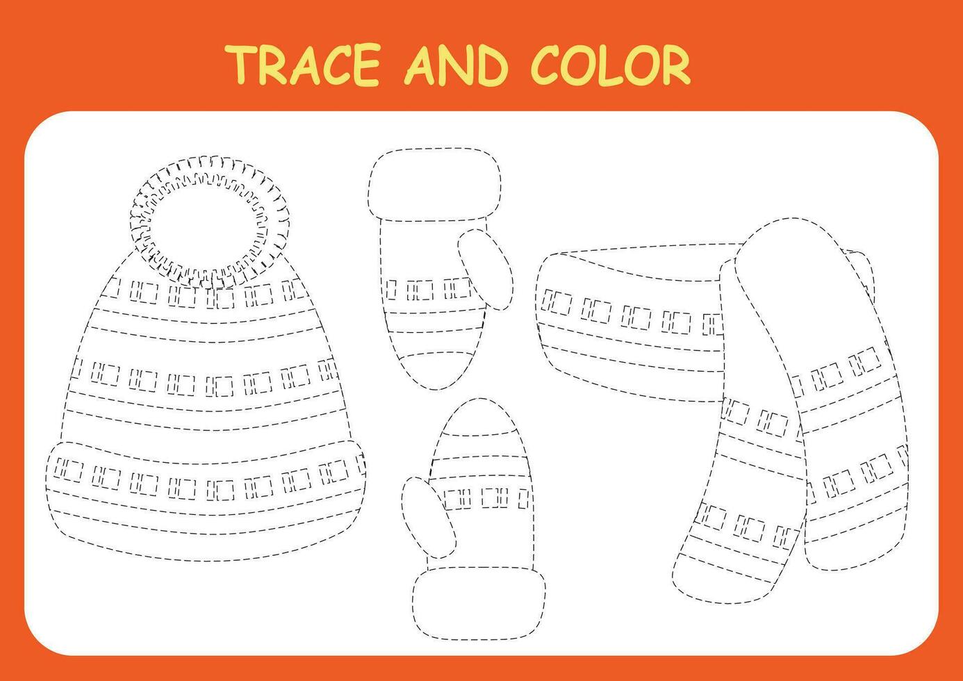 tracciare e colore il Abiti, cappello, sciarpa e guanti. colorazione libro per prescolastico bambini. grafia la pratica. vettore