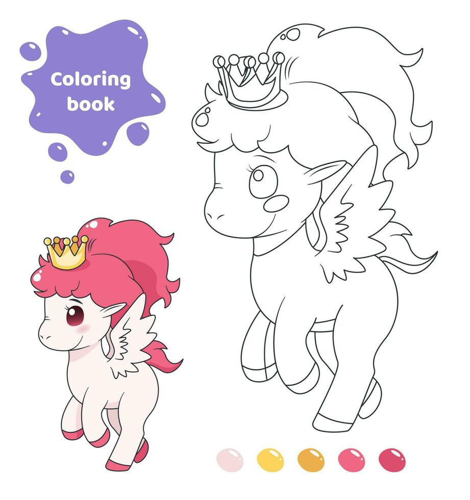 colorazione libro per bambini. foglio di lavoro per disegno con cartone animato pony con corona. carino animale con Ali. colorazione pagina con colore tavolozza per bambini. vettore illustrazione.