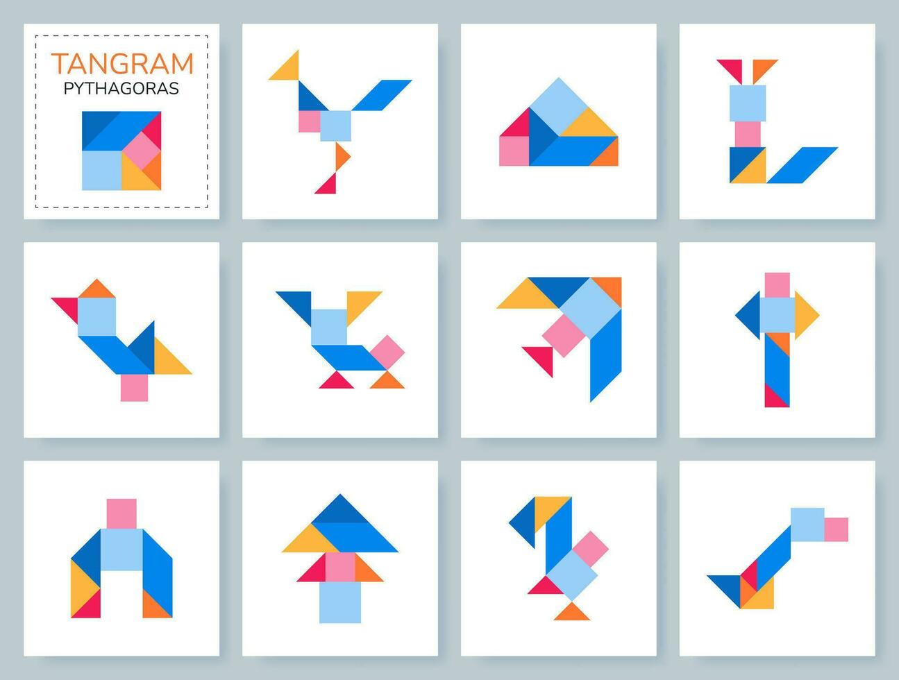 tangram puzzle gioco per bambini. colorato geometrico collezione con isolato oggetti. Pitagora. vario icone su bianca sfondo. vettore illustrazioni.