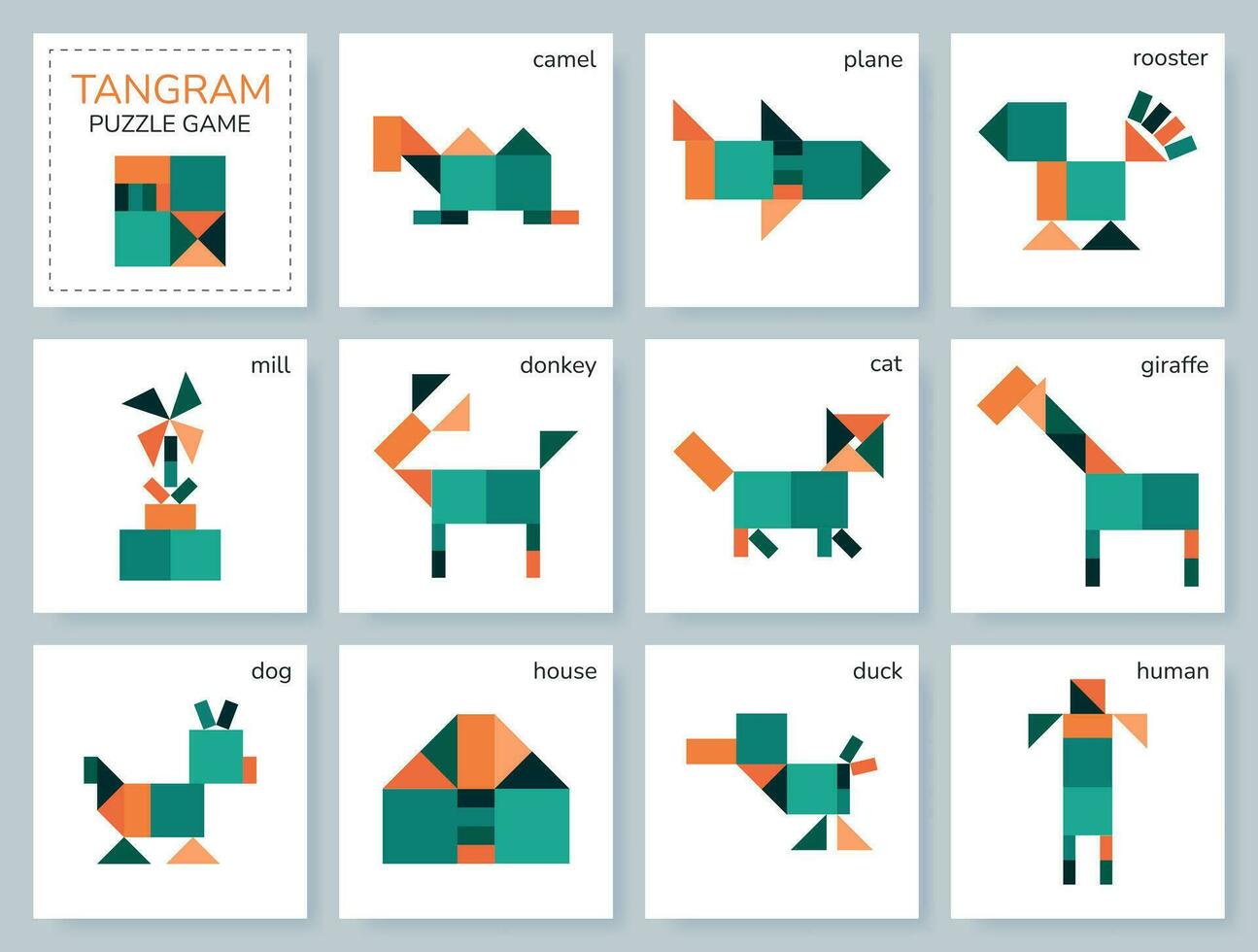 tangram puzzle per bambini. colorato geometrico collezione con isolato oggetti. mongolo gioco. vario icone su bianca sfondo. vettore illustrazioni.