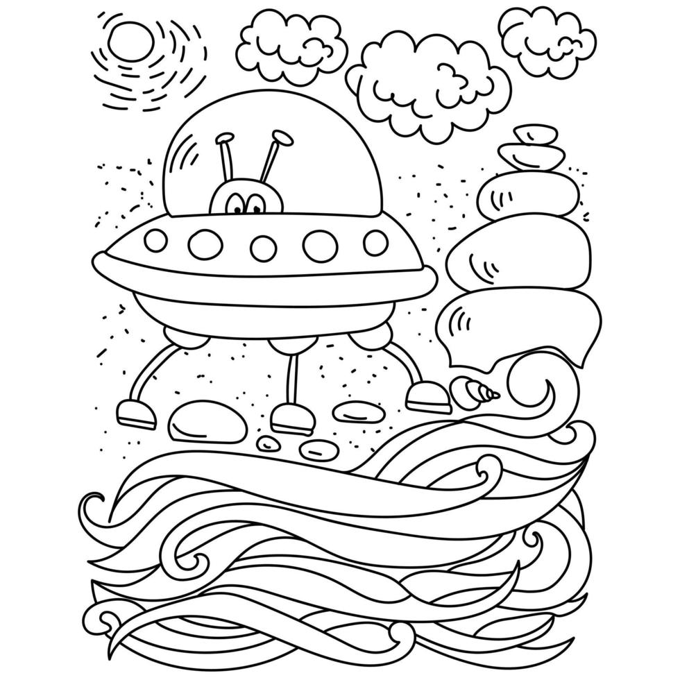 ufo con un alieno in riva al mare, pagina da colorare con un aereo in riva al mare vettore