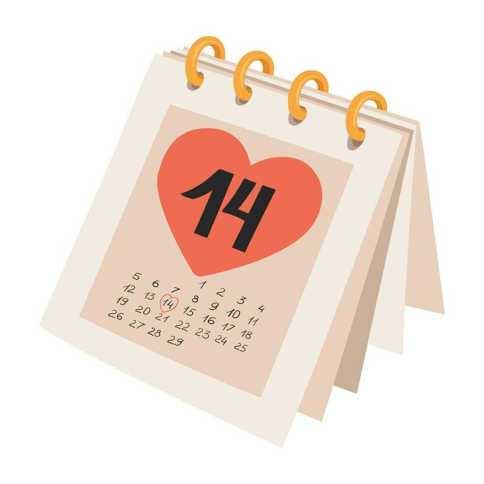 febbraio 14 San Valentino giorno carta calendario con cuore forma. calendario pagina Data febbraio 14 vettore illustrazione isolato su un' bianca sfondo.