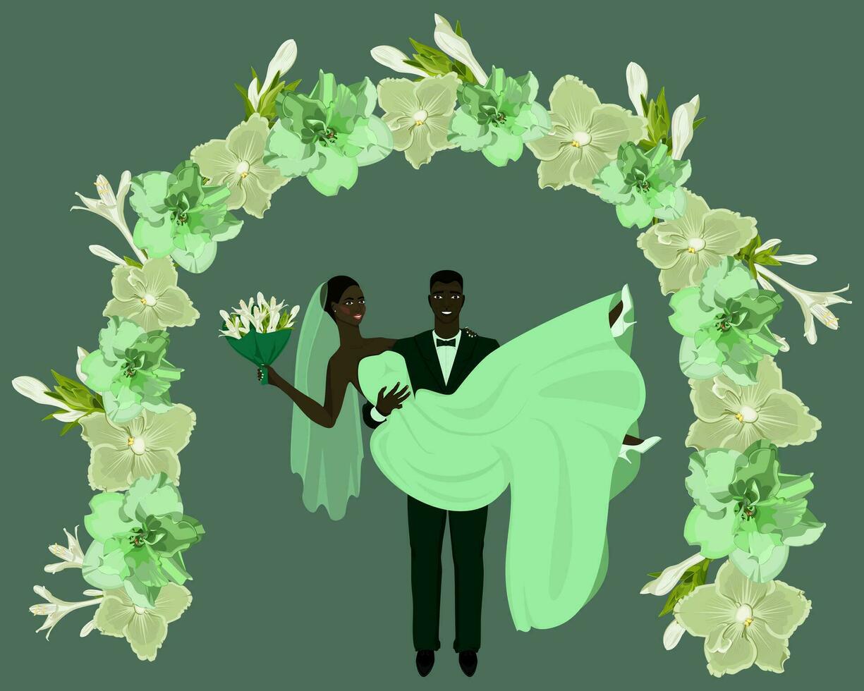 contento sposo Tenere il sposa nel il suo braccia sotto il fiore arco vettore
