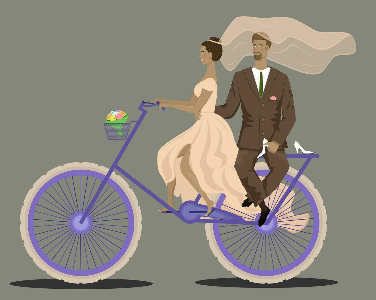 contento sposo con sposa cavalcata un' bicicletta su grigio sfondo vettore