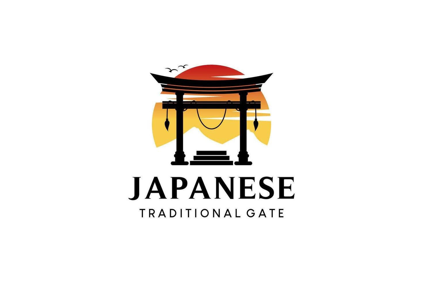 giapponese tradizionale torii cancello logo design con sole e montagna sfondo vettore