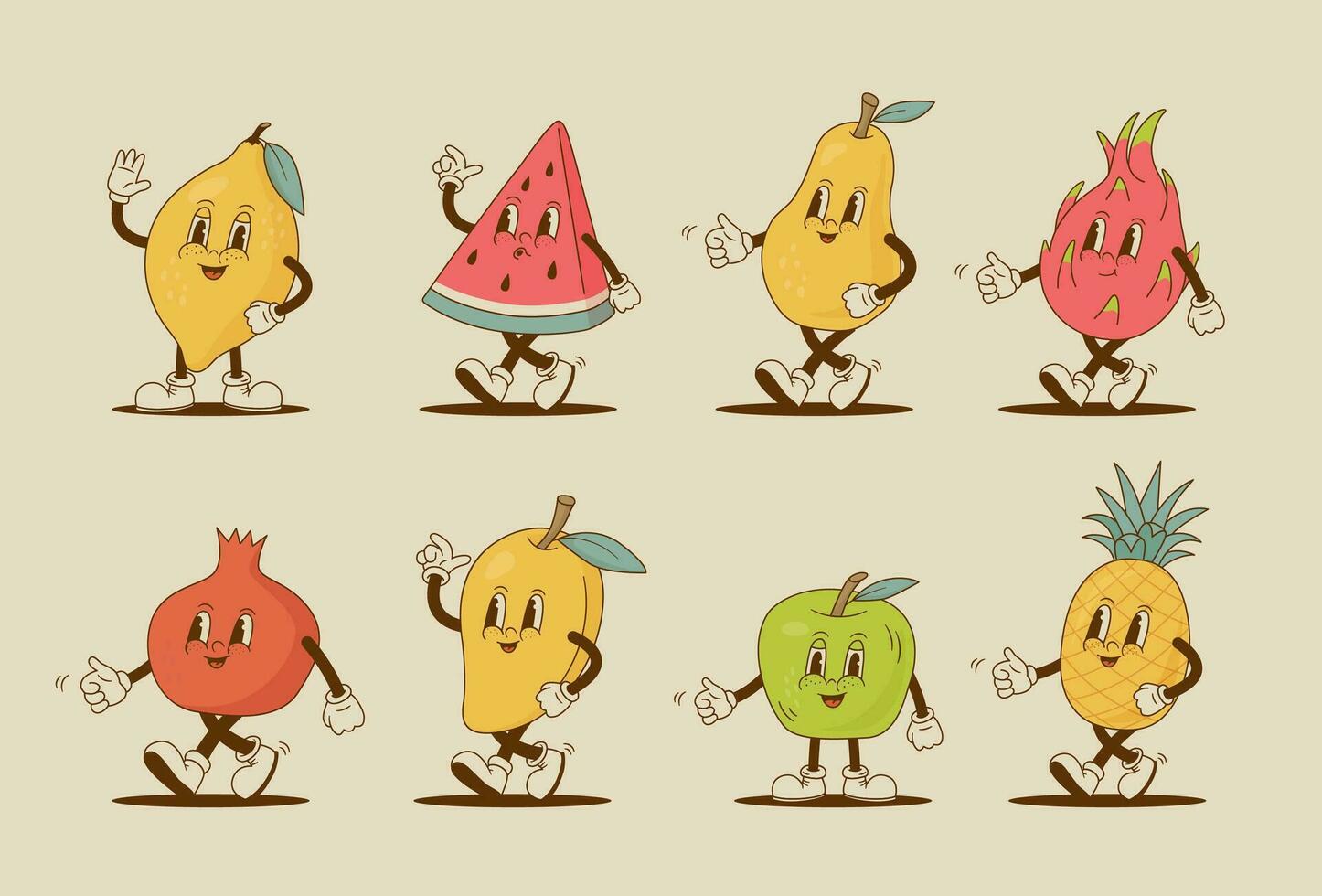 impostato di retrò cartone animato frutta personaggi. Limone, anguria, ananas, Pera, granato, mela, Mango, pitaya mascotte. Vintage ▾ vettore illustrazione.