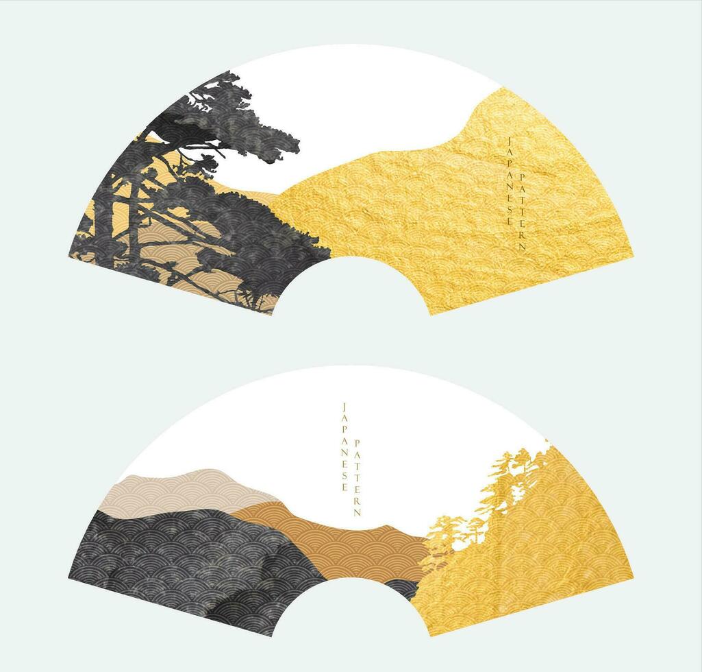 astratto paesaggio con giapponese onda modello vettore. natura arte sfondo con montagna foresta invito carta modello nel Vintage ▾ stile. asiatico tradizionale oro elemento nel geometrico forma. vettore