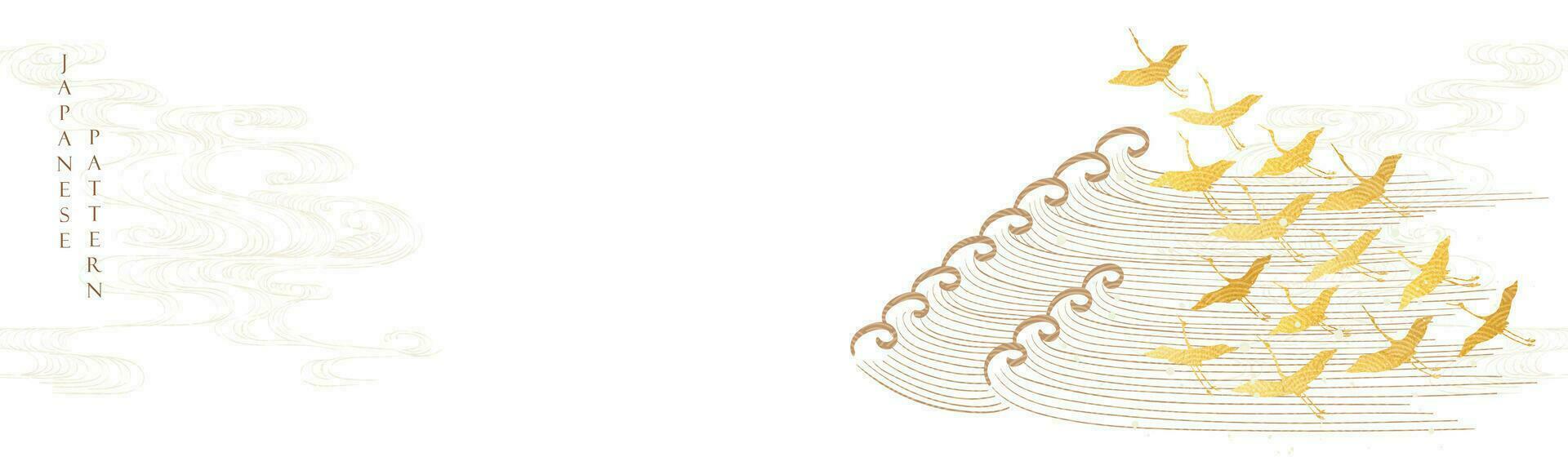 oro struttura gru uccello decorazione vettore. giapponese sfondo con mano disegnato onda modello. oceano mare bandiera design con naturale paesaggio modello nel Vintage ▾ stile. vettore
