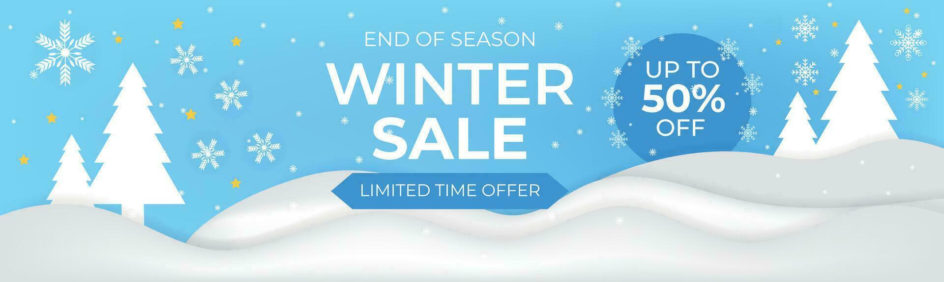 inverno vendita striscione. inverno vendita testo promo con bianca i fiocchi di neve elemento nel blu sfondo. vettore illustrazione.