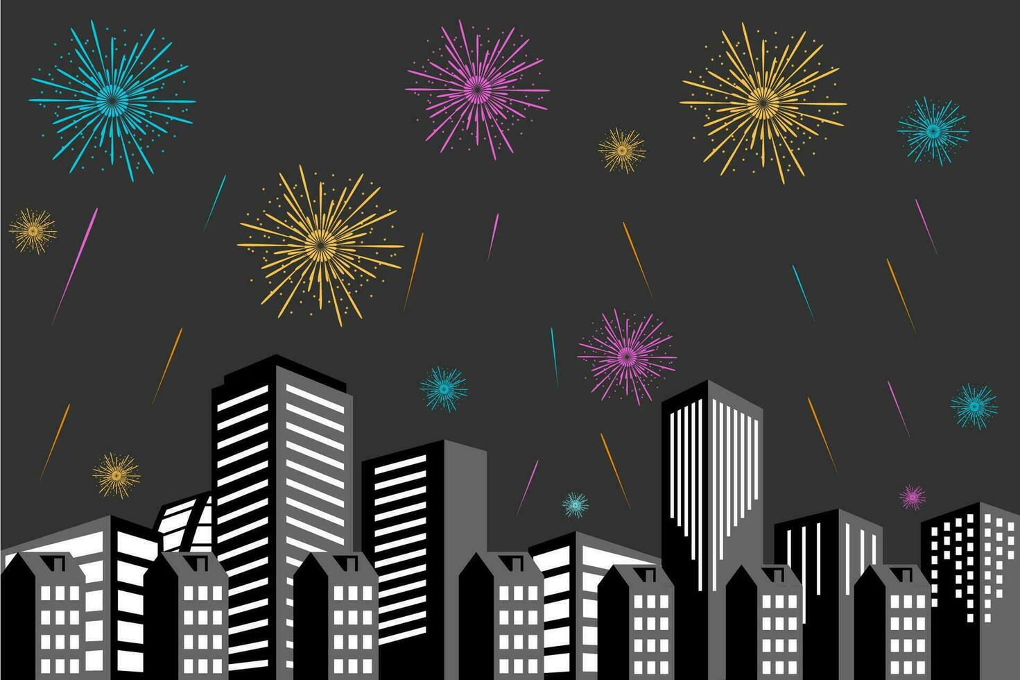 vettore illustrazione di un' festivo fuochi d'artificio Schermo al di sopra di il città a notte scena per vacanza e celebrazione sfondo design.