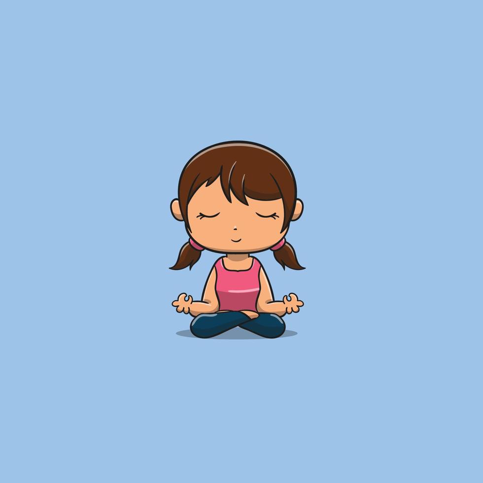 donna meditando simpatico personaggio icona vettore illustrazione, icona persone concetto isolato. stile cartone animato piatto adatto per landing page web, banner, volantini, adesivi, biglietti