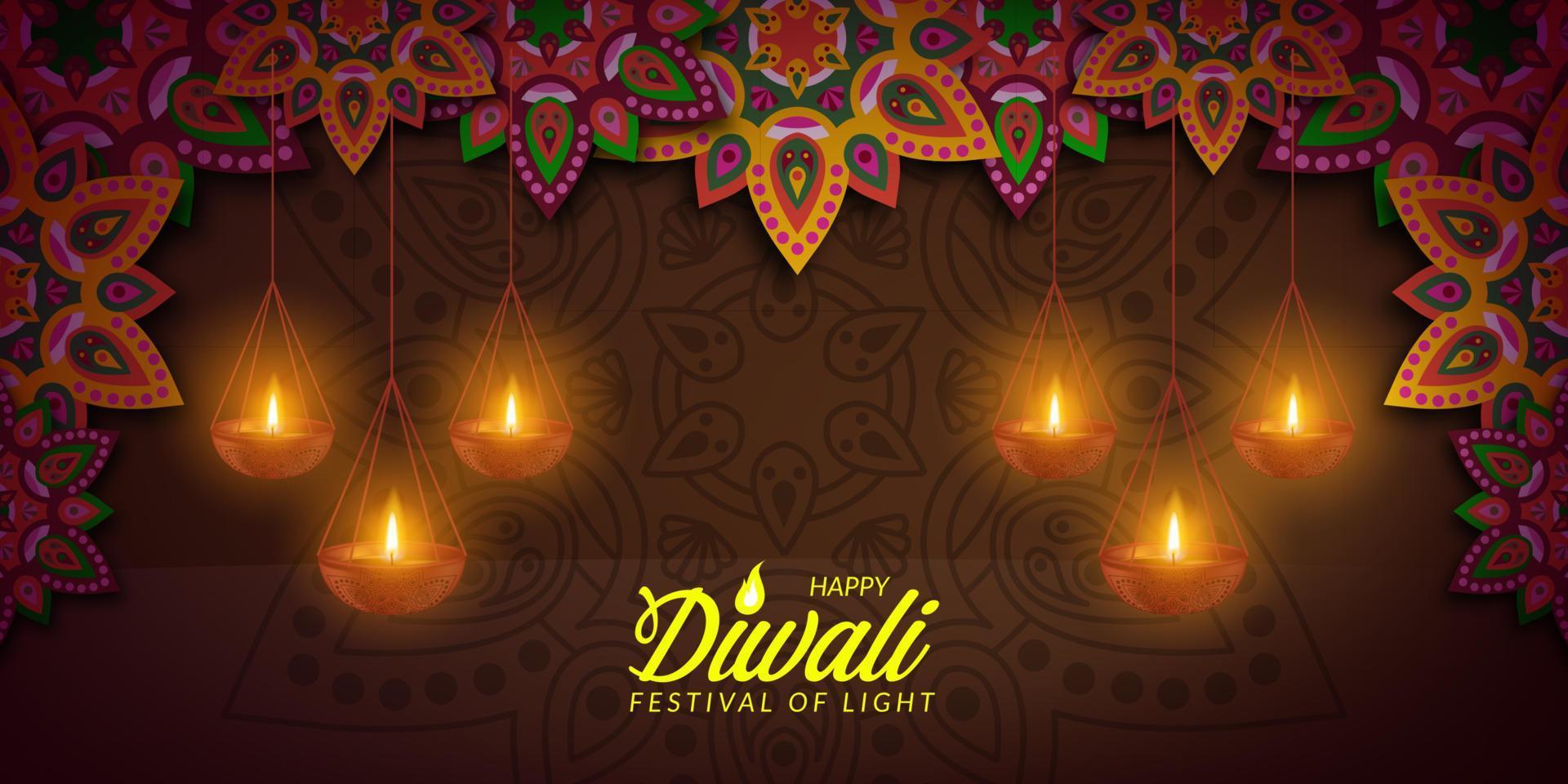 Diwali festival of light rangoli mandala poster banner biglietto di auguri vettore