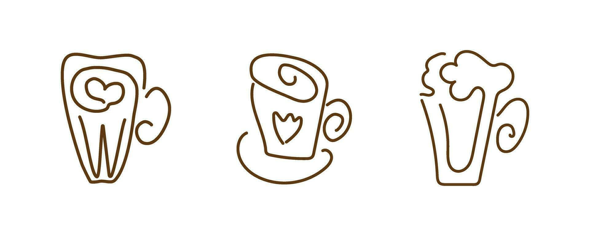 impostato di caffè tazze con latte macchiato, caffè espresso, cappuccino, contorno Marrone lineare sagome. vettore lineare icone per menù, sito web, bar design