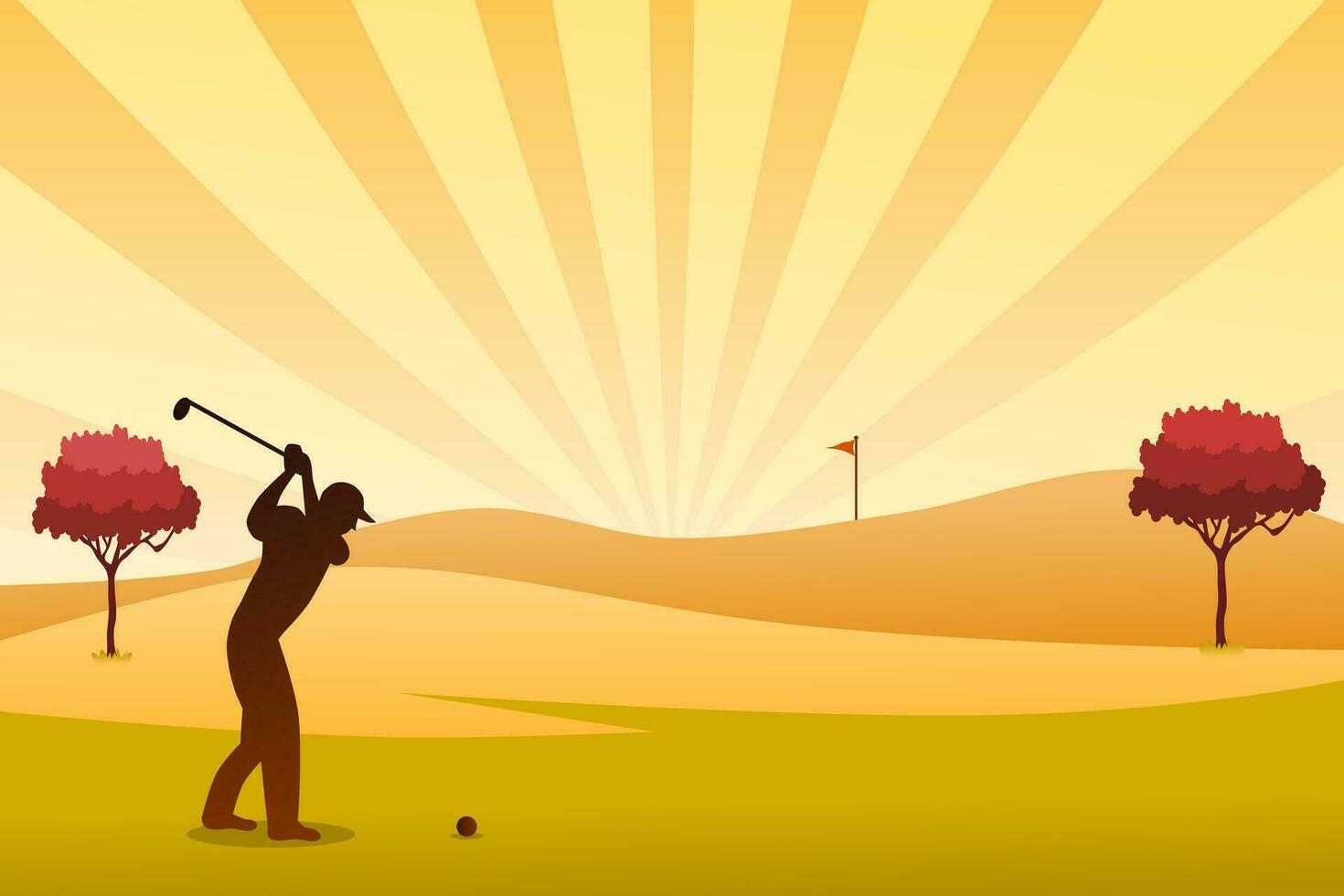 golf corso vettore illustrazione con golf giocatore o giocatore a tramonto. all'aperto sport.