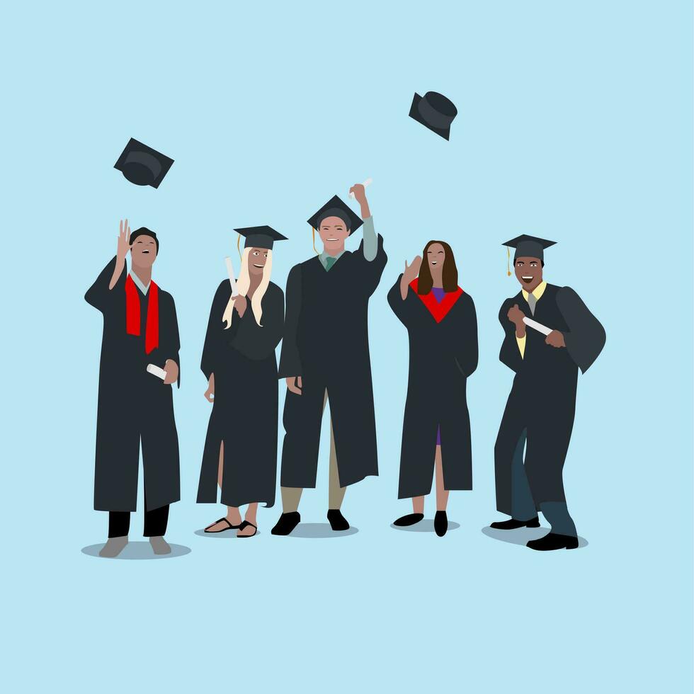 studenti avere festeggiare la laurea di Università. contento ragazzo e ragazza lancio esso su caps e diplomi . vettore illustrazione
