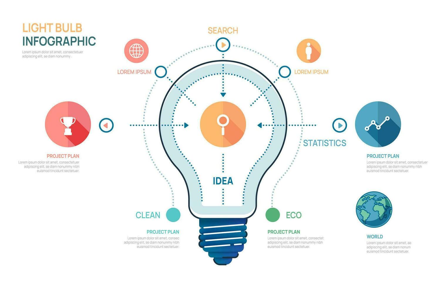 Infografica leggero lampadina attività commerciale design modello. eco attività commerciale concetto con passi. vettore illustrazione.